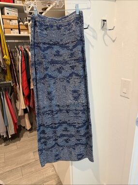 Peruvian Connection Navy and Light Blue Patterned Knit Maxi Skirt